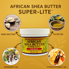 Genuine African Formula Shea Butter Super-Lite texture closeup reveals light, non-greasy feel.