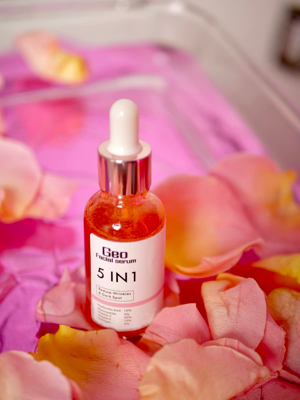 Geo Facial Serum 5-in-1 drops view highlights light, fast-absorbing feel
