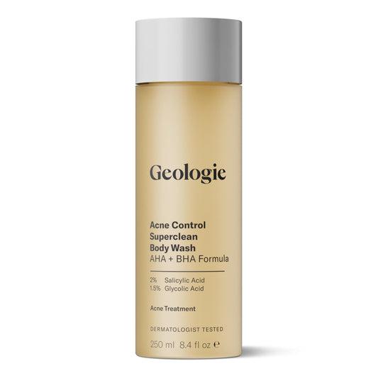 Geologie Acne Control Body Wash bottle top ofrece limpieza sin aroma para espalda y pecho.