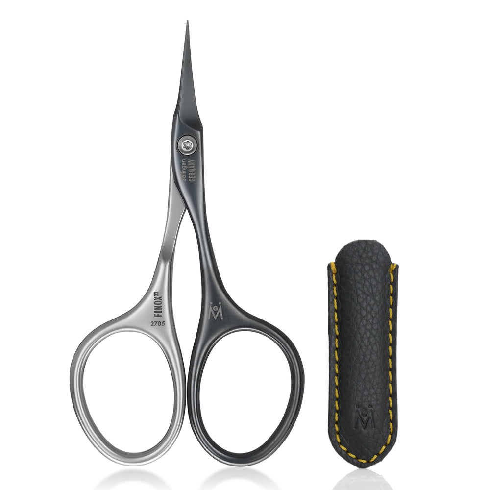 GERMANIKURE Tower Point Cuticle Scissors in leather case for precise cuticle care.