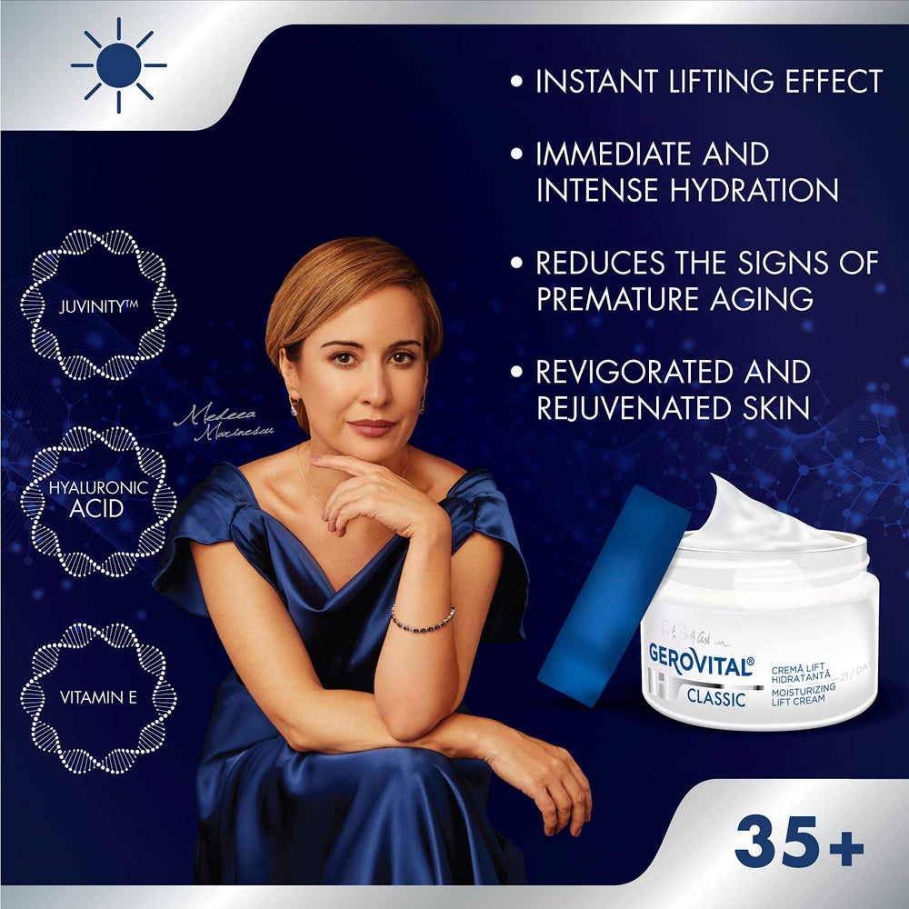 Close-up texture of Gerovital Classic Cream shows creamy hydration.