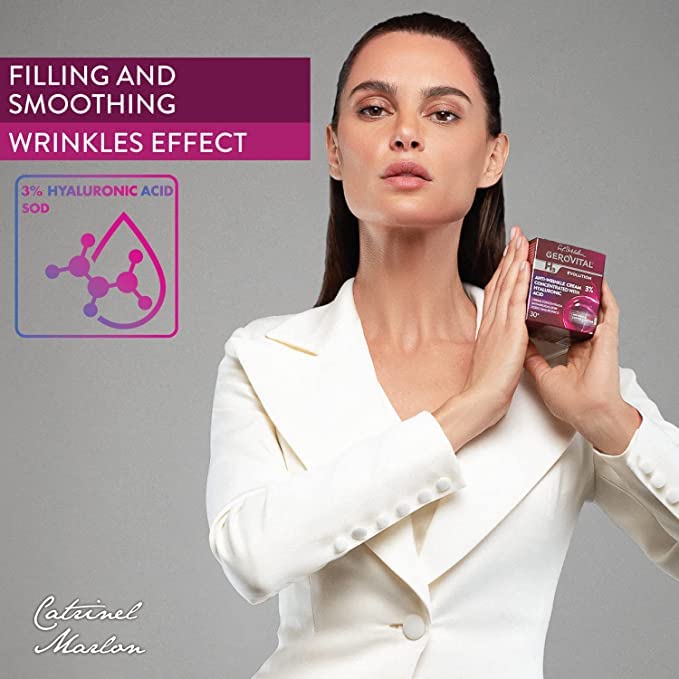 Gerovital Evolution hyaluronic acid 3% bottle emphasizes intense moisture.