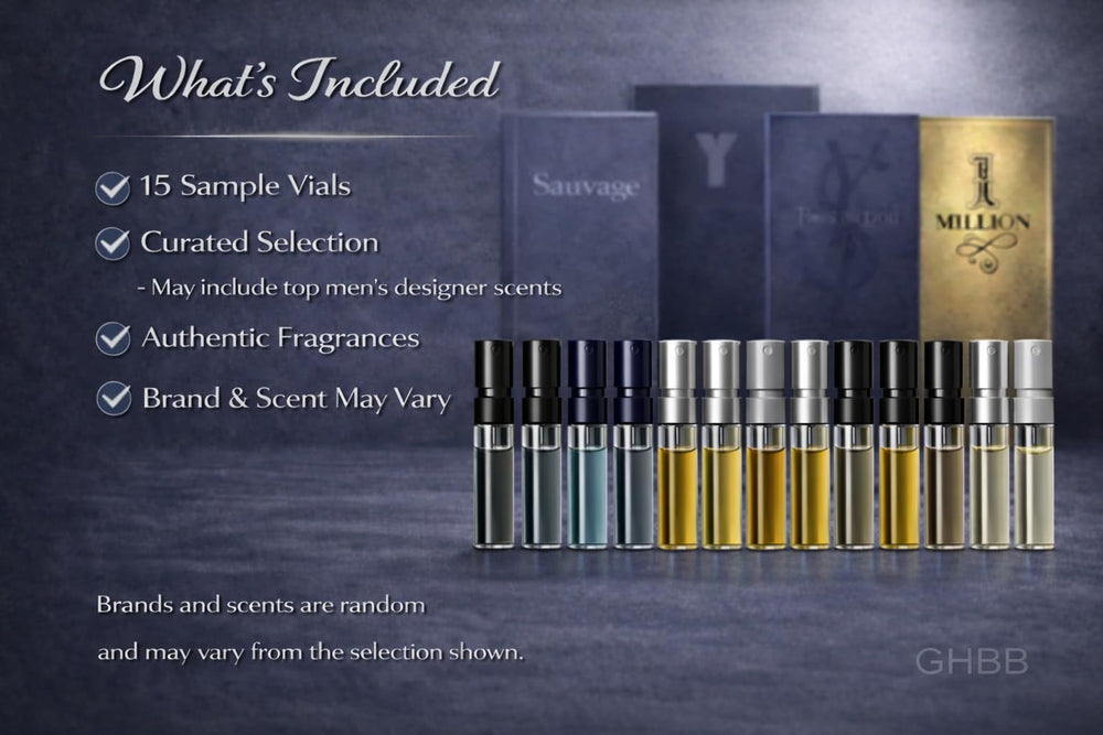 GHBB sampler box unboxing reveals premium designer fragrances in compact vials.