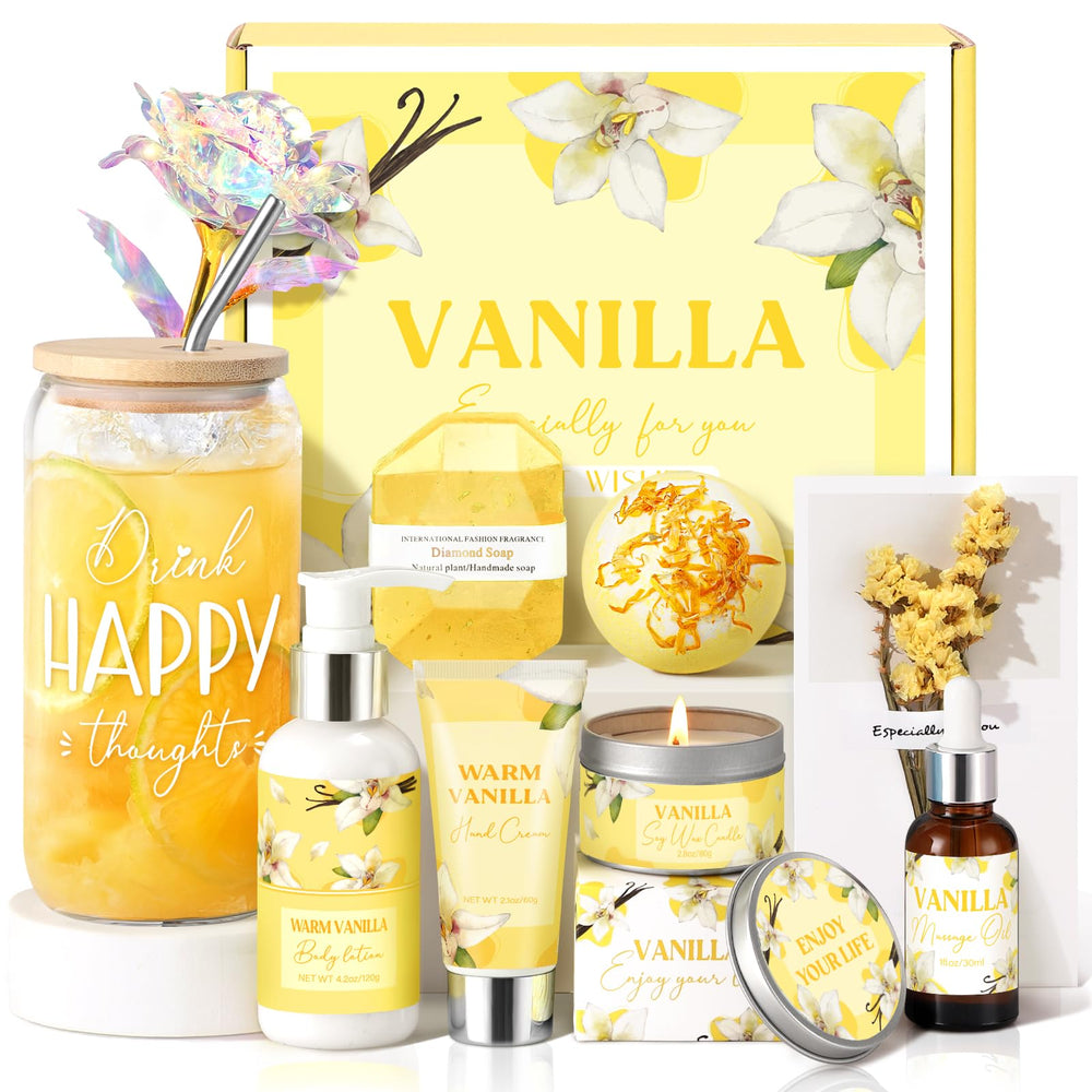 GiftPeak vanilla spa gift box in bright yellow, ideal birthday gift for her.