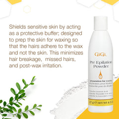 GIGI moisturizing powder absorbs oils and moisture before waxing for cleaner results.