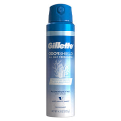 Gillette tropical breeze deodorant can with aluminum-free formula and anti-white mark protection label