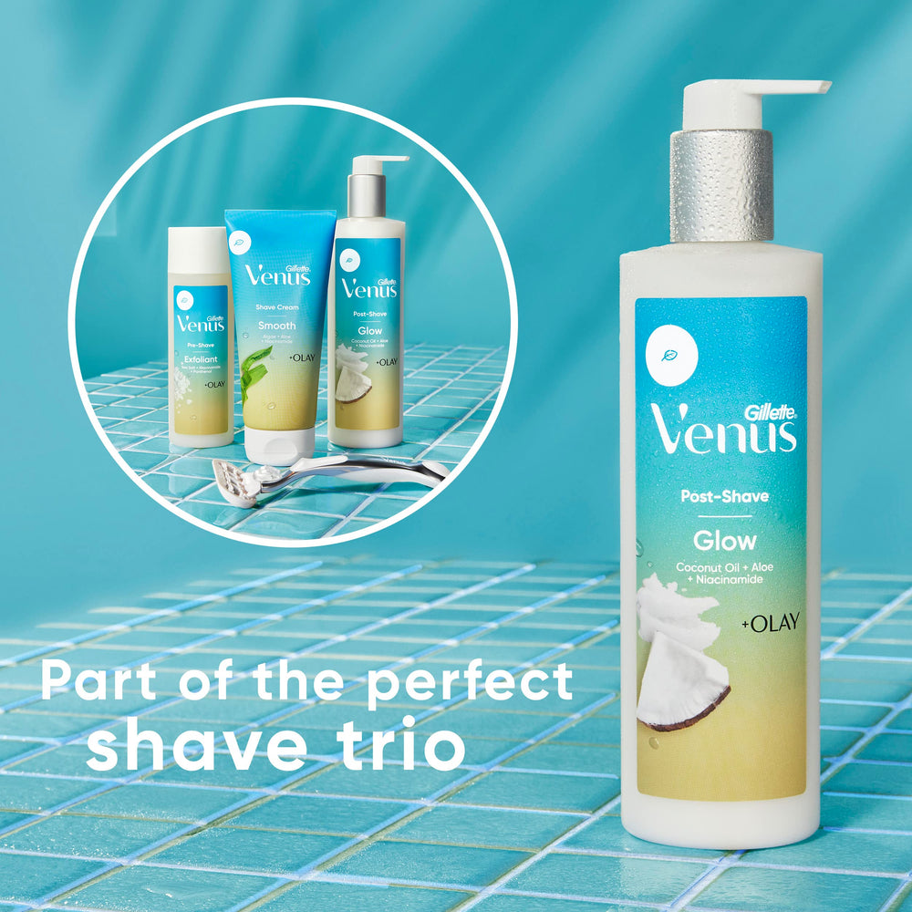 Gillette Venus Glow beside towel and razor for daily body hydration routine.