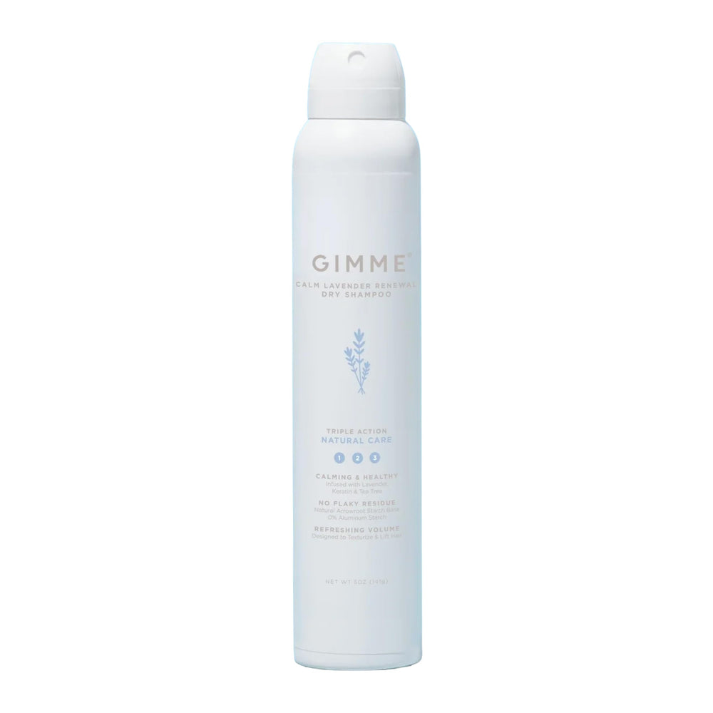 GIMME Beauty Dry Shampoo spray bottle shows one of three refreshing scents for quick refresh.