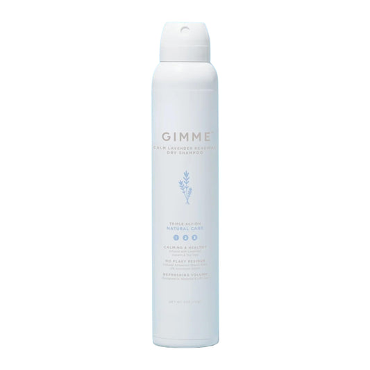 GIMME Beauty Dry Shampoo spray bottle shows one of three refreshing scents for quick refresh.