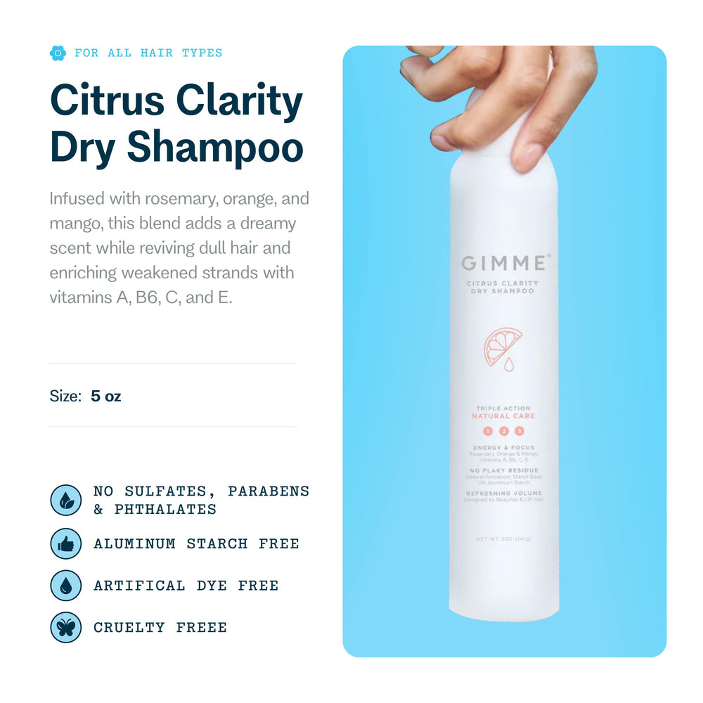 GIMME Beauty Dry Shampoo spray application enables quick refresh.