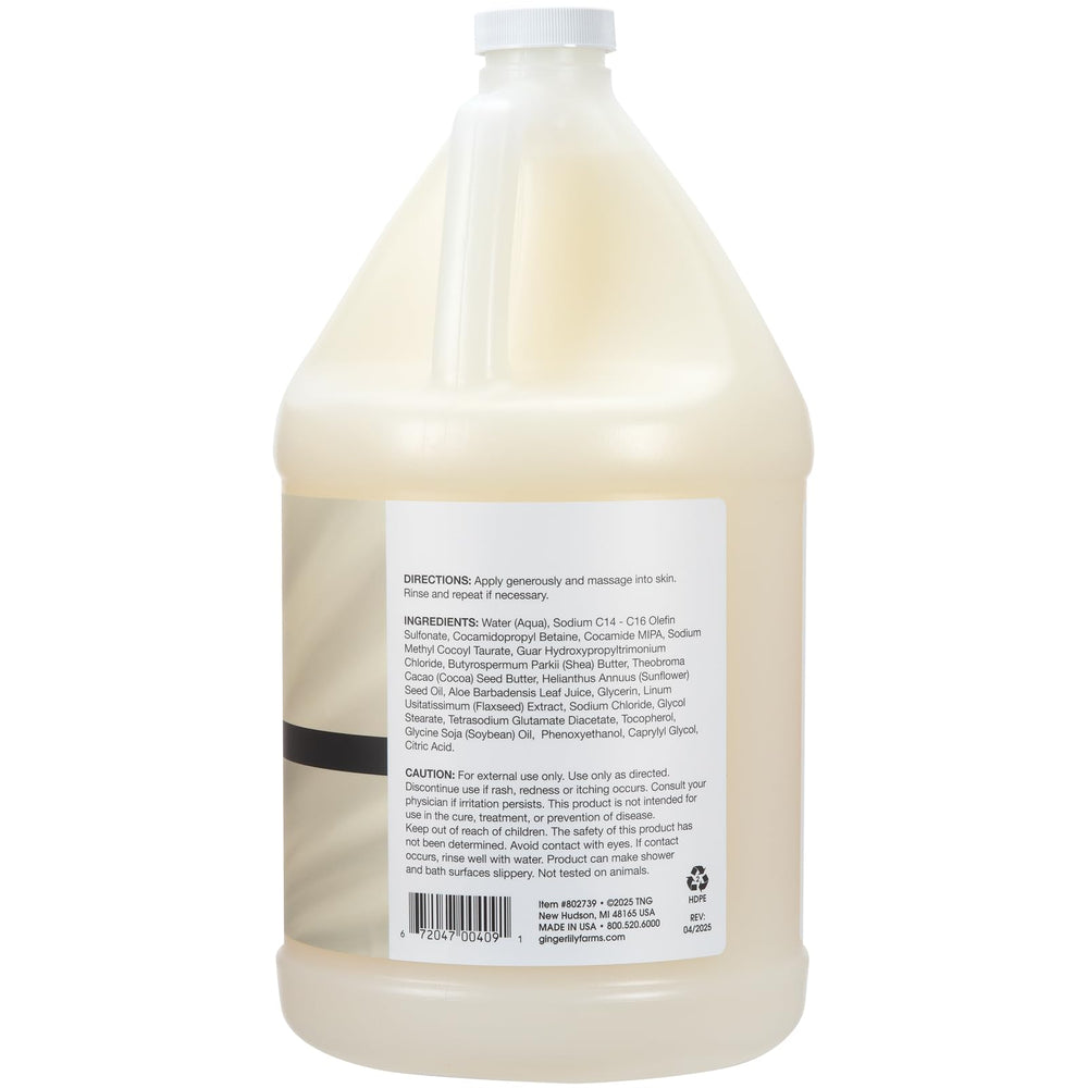Ginger Lily Farms Shea Indulgence lather stream for a rich, hydrating wash experience.