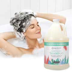 Eucalyptus tranquility scent notes with lavender and geranium for a calming shower ritual.