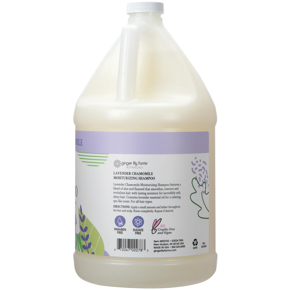 Close-up of Ginger Lily Farms shampoo bottle with lavender chamomile fragrance.
