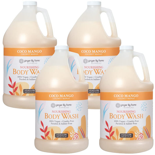 Ginger Lily Farms Coco Mango Body Wash bottle pour for a refreshing cleanse.