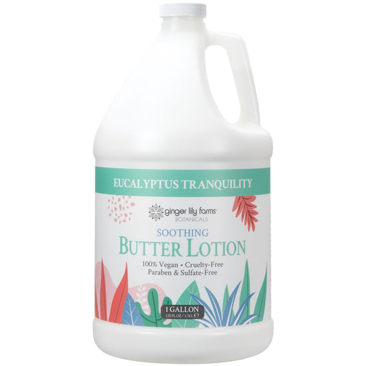 Ginger Lily Farms Botanicals Soothing Butter Lotion eucalyptus bottle close-up for deep hydration