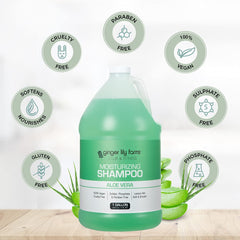 Ginger Lily Farms refill bottle sits in a locker-room setting for economical use.