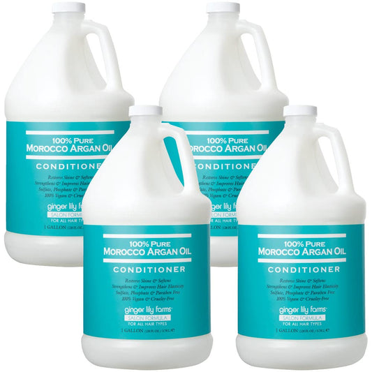 Ginger Lily Farms Salon Formula Argan Oil Conditioner bottle highlights premium Moroccan argan oil for all hair types.
