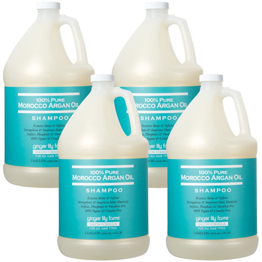 Ginger Lily Farms salon formula argan shampoo bottle highlights nourishing argan oil for all hair types.