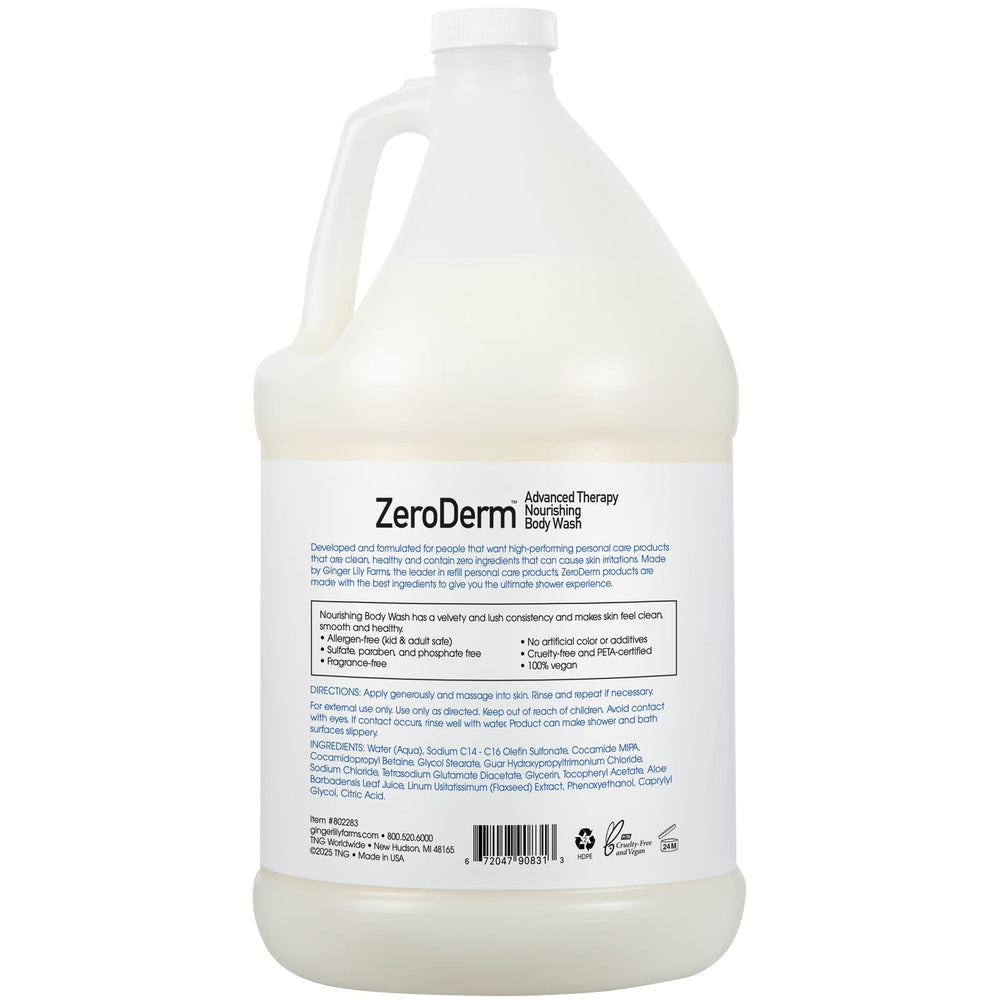 Closeup of Ginger Lily Farms ZeroDerm bottle showing fragrance-free formula