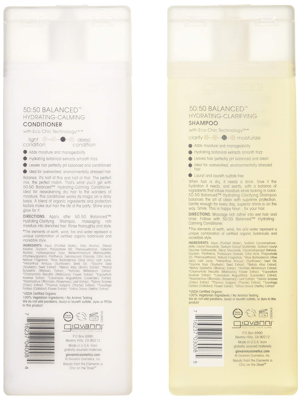 Giovanni 50-50 Hydrating Conditioner bottle emphasizing calming moisture and detangling benefits