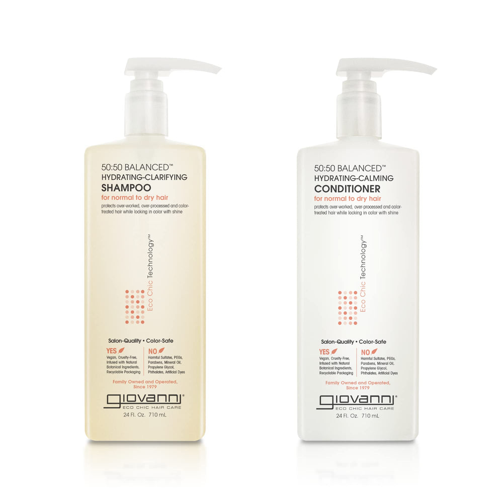 GIOVANNI 50:50 Balanced Shampoo bottle highlights color-safe hydration for everyday shine.