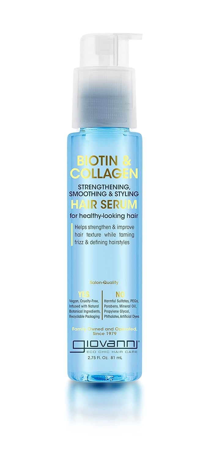 GIOVANNI Biotin & Collagen serum bottle delivers frizz control and radiant shine.