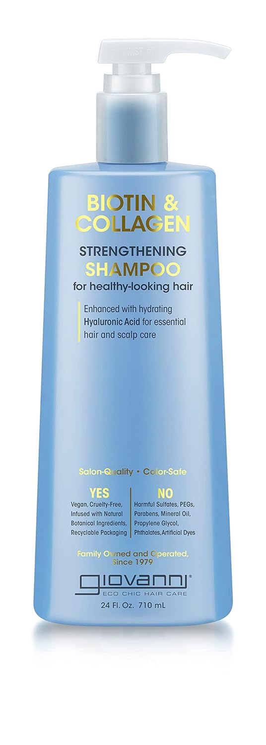 Giovanni Biotin & Collagen Shampoo bottle front highlights strength boost and added volume.