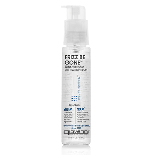 GIOVANNI Eco Chic Frizz Be Gone bottle shows smoothing and shine benefits.