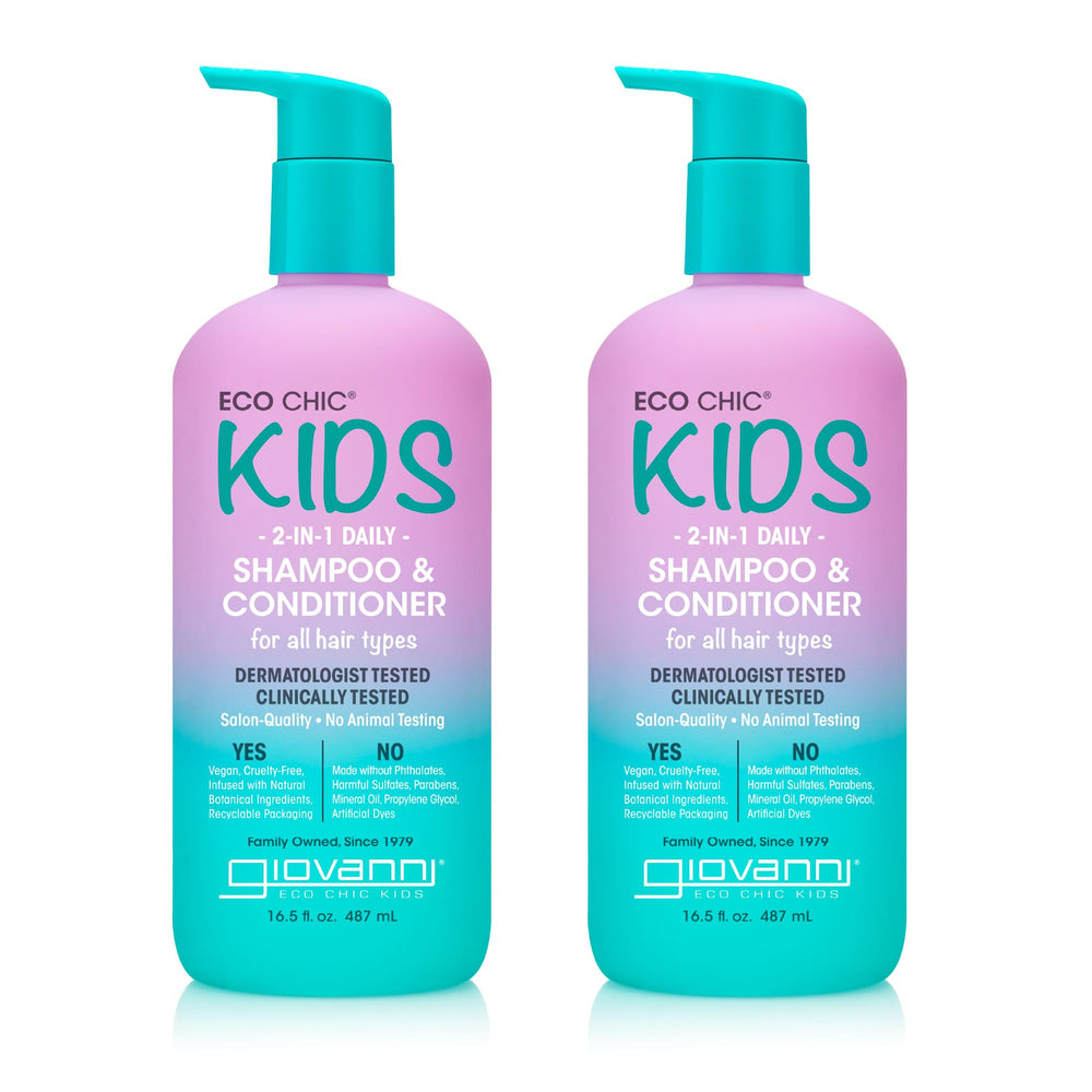 Giovanni Eco Chic Kids 2-in-1 bottle showing gentle cleansing and hydration for all hair types.