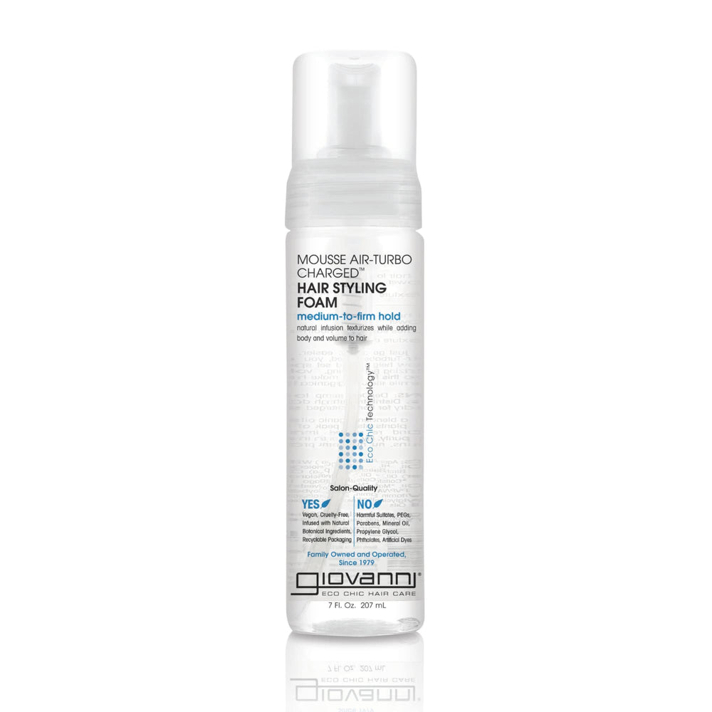 GIOVANNI Mousse Air-Turbo bottle pump demonstrates volumizing foaming action for all hair types.