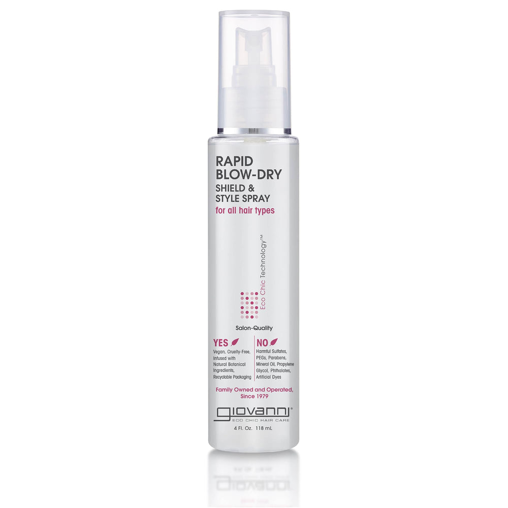 Giovanni Rapid Blow Dry Shield bottle close-up showing heat protection during styling.
