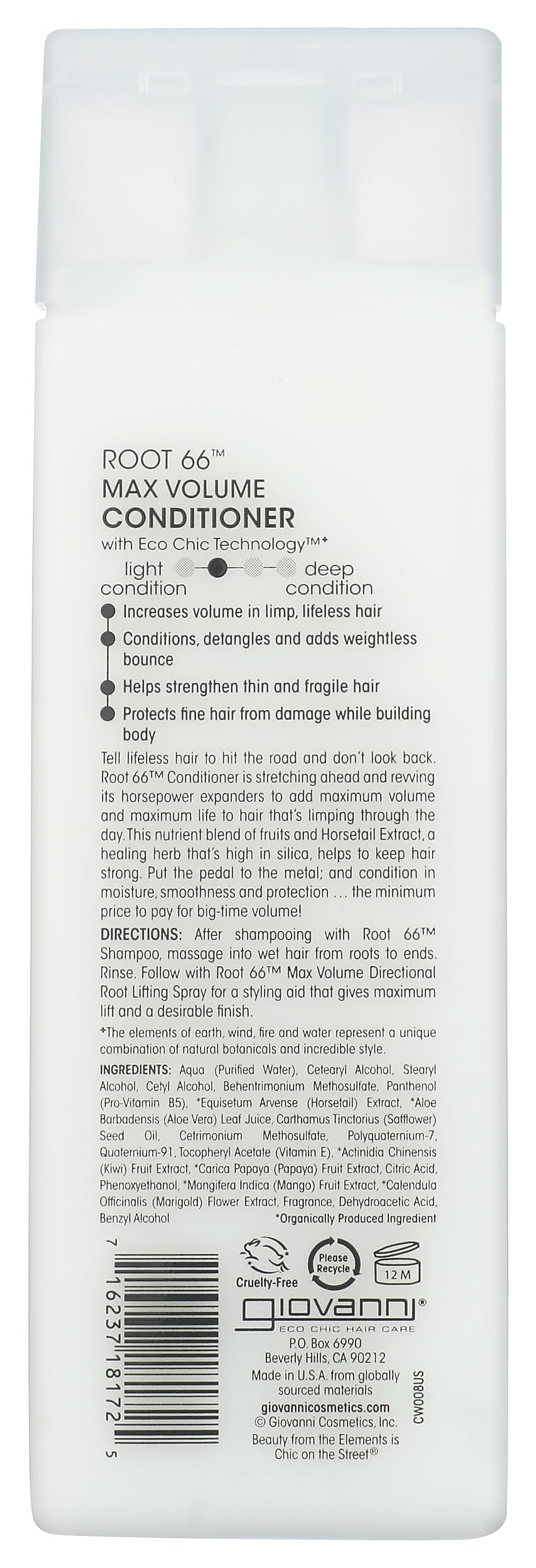 Close up of Giovanni conditioner label showing natural ingredients and color safe promise