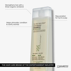 Giovanni Tea Tree Invigorating Shampoo label highlights natural oil blend.