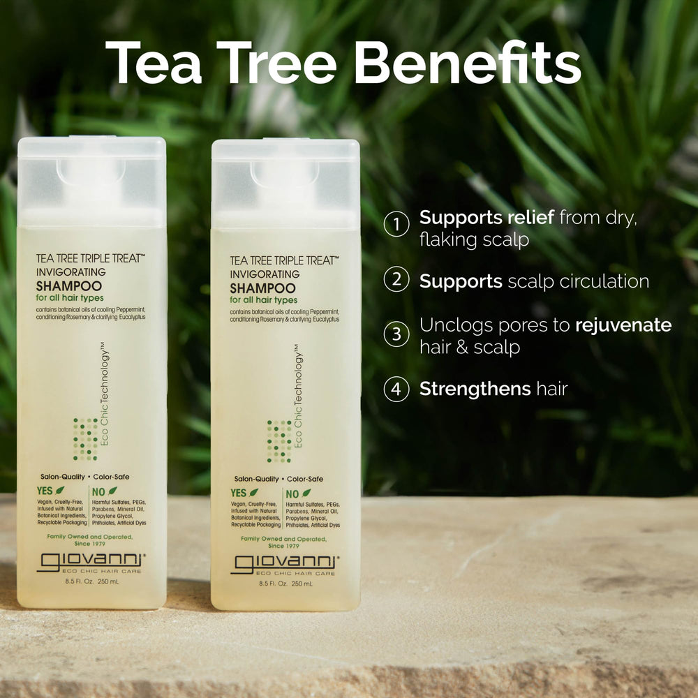 Giovanni Tea Tree Oil Blend ingredients highlighted for nourishing care.