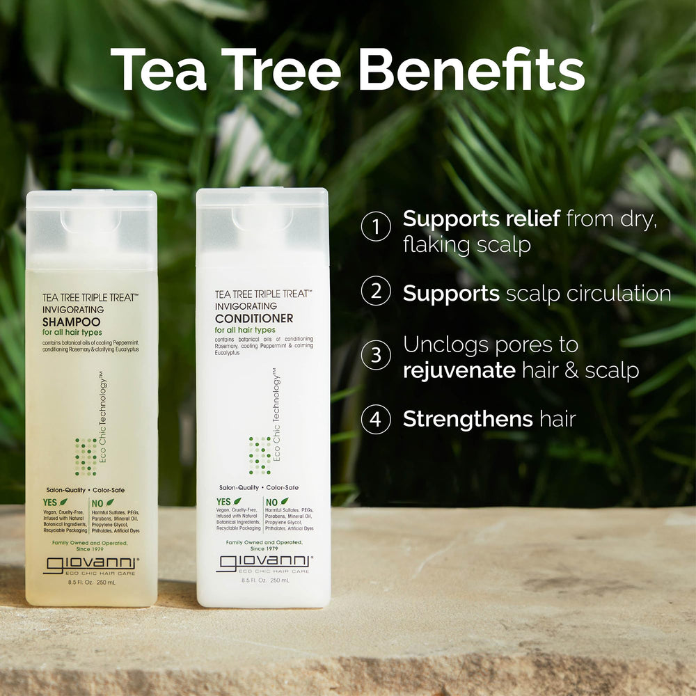 GIOVANNI Tea Tree Triple Threat duo in a bathroom setup for travel use