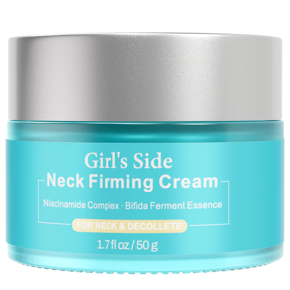 Girl's side neck firming cream jar close-up highlights a hydrating, silky texture.