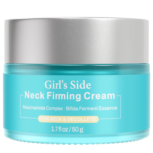 Girl's side neck firming cream jar close-up highlights a hydrating, silky texture.