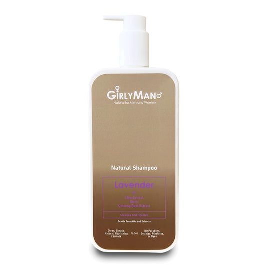 GirlyMan lavender shampoo bottle front shows natural lavender scent for a calming wash
