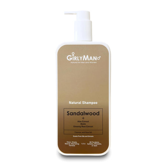 GirlyMan natural shampoo bottle close-up with olive oil highlights for gentle cleansing.