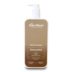GirlyMan unscented shampoo bottle closeup highlighting gentle, non-toxic cleansing.