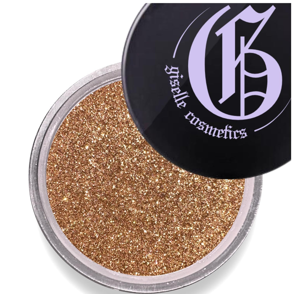 Giselle Cosmetics Brown Gold Loose Mineral Eye Shadow jar with rich pigment and luminous sparkle.