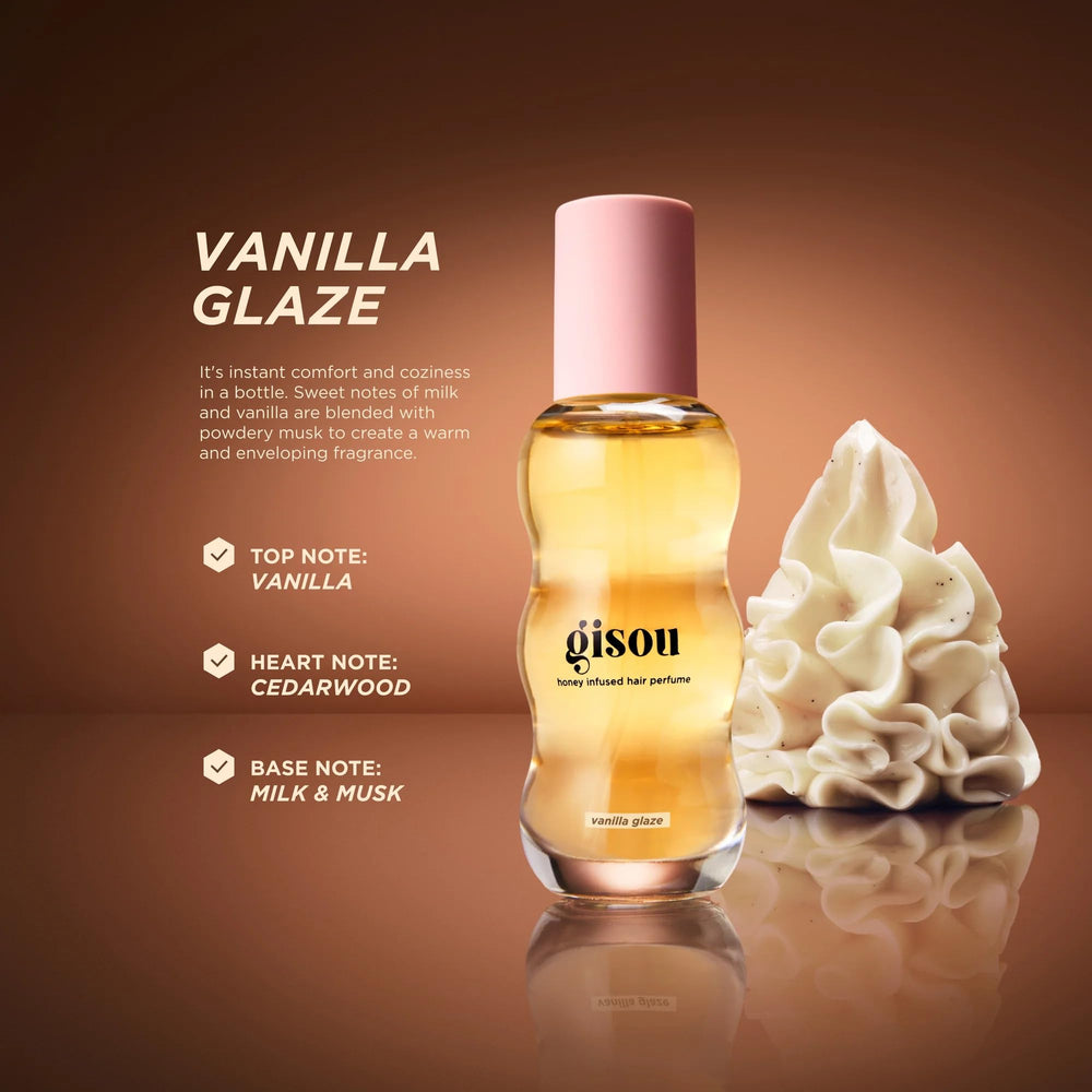 Gisou Hair Perfume Mini Vanilla Glaze dispense for quick refresh between uses.