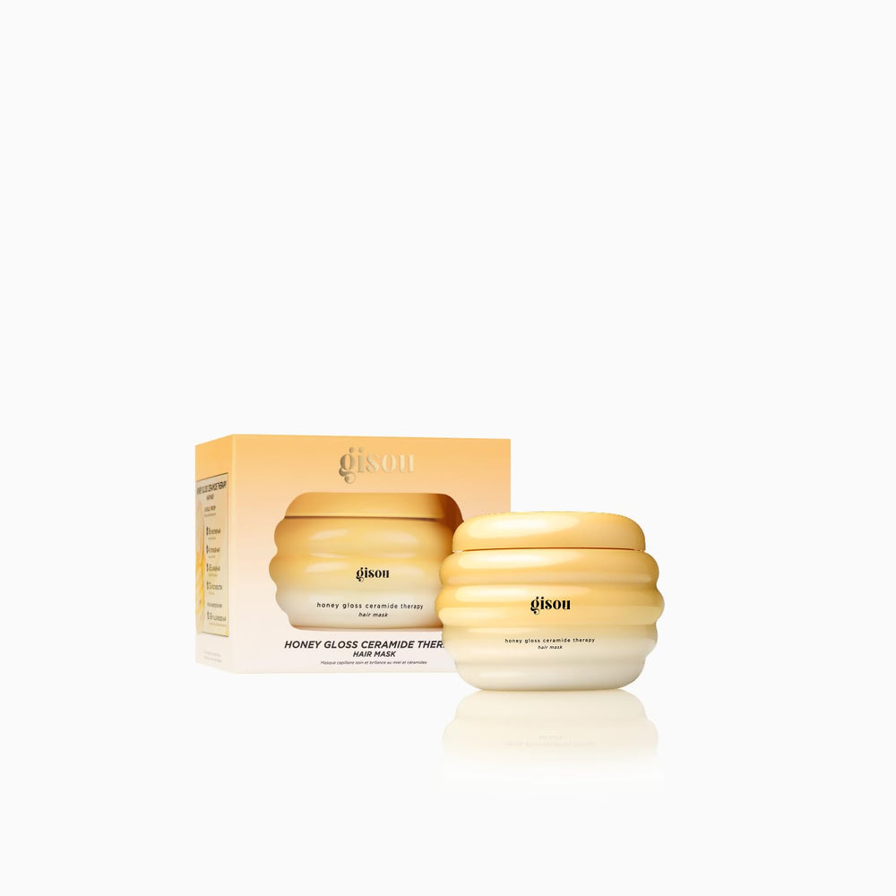 Gisou Honey Gloss Ceramide Therapy Hair Mask Mini label close-up shows key ingredients and branding