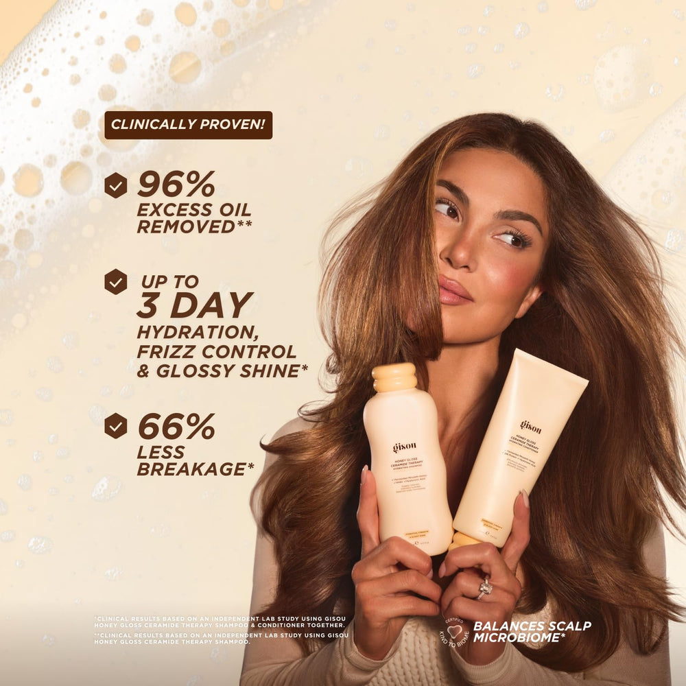 Gisou Honey Gloss Ceramide Therapy Hydrating Shampoo label highlights fermented honey and ceramides.