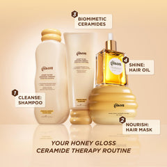 Gisou Honey Gloss Ceramide Therapy Hydrating Shampoo with wildflower honey scent close-up.