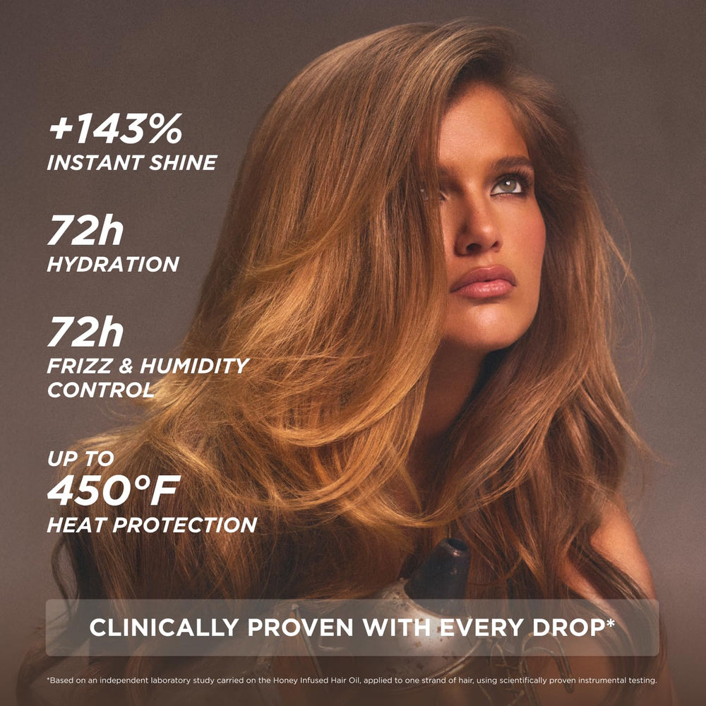 Gisou Honey Infused Hair Oil Mini application on hair showing pre-styling protection.