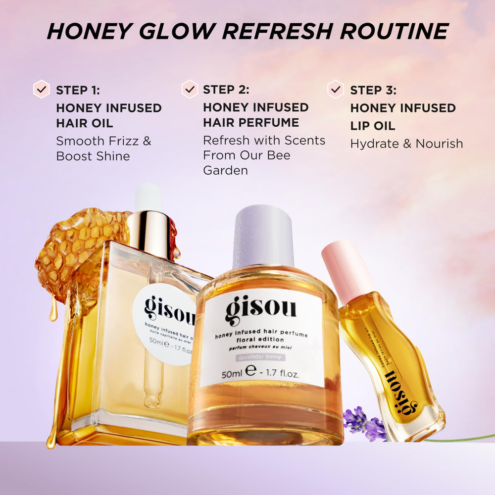 Gisou Honey Infused Hair Perfume Mini label highlights Mirsalehi honey and argan oil.