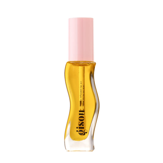 Gisou Honey Infused Lip Oil bottle close-up showing hydration and glossy finish