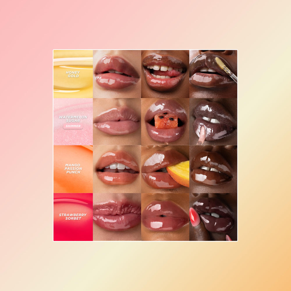 Gisou Mango Passion Punch shade swatch on lips for bold glow