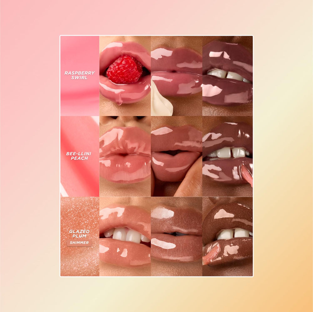 Gisou Honey Infused Lip Oil shades include Honey Gold and Raspberry Swirl